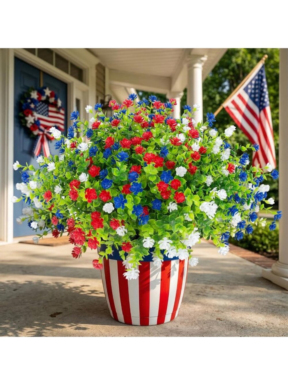 12 Pcs UV Resistant Faux Flowers - Patriotic Red, White & Blue Decor for Summer